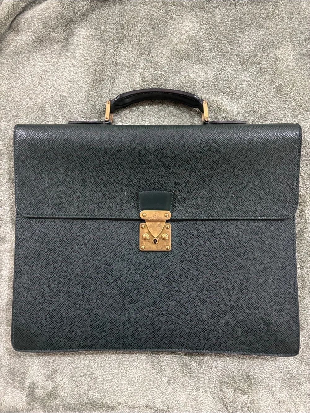 Louis Vuitton Dark Green Leather Briefcase with Gold Hardware
